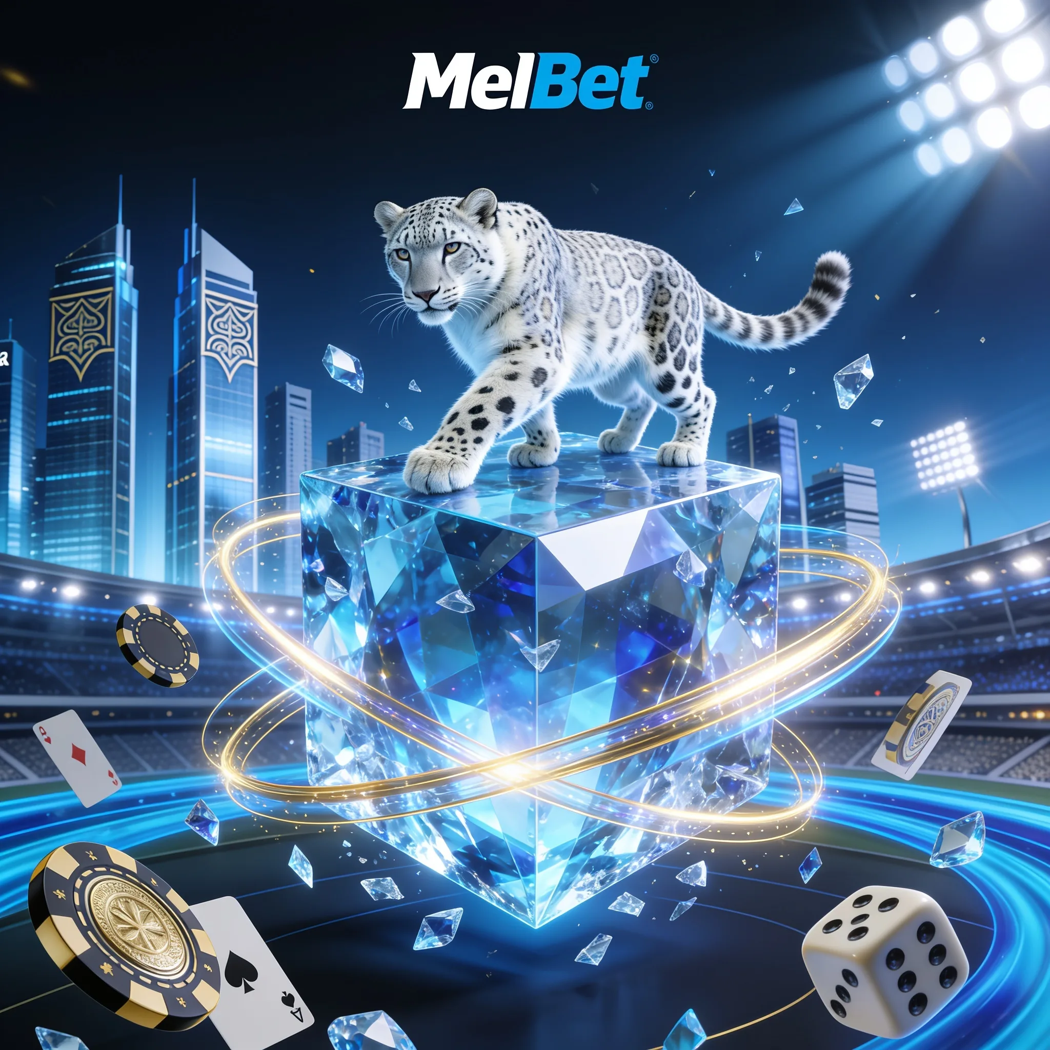 MelBet : léopard des neiges sur un cristal dans un stade illuminé